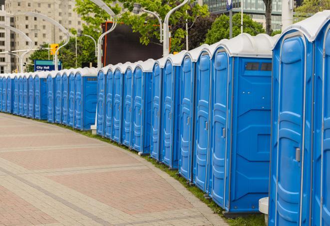 hygienic portable restrooms lined up at a music festival, providing comfort and convenience for attendees in Cedarville